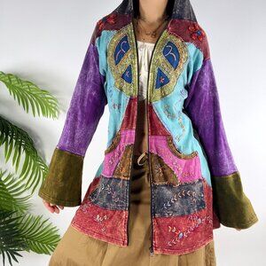 Vintage Y2K Colorful Floral Embroidered Artsy Boho Hippie Hoodie Zip Jacket / M